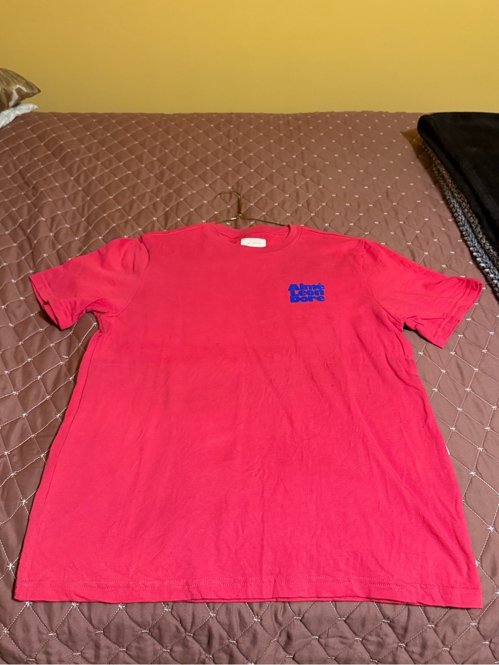 Aime Leon Dore Red Short-Sleeve Logo Tee with Blue Chest Graphic